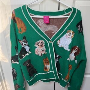 QUEEN OF SPARKLES Green Dog Pattern Cardigan